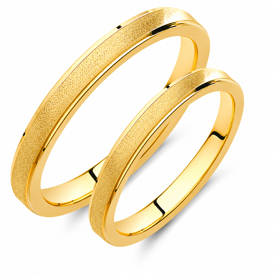 Brushed Solid Gold Wedding Band Set: Matching 3mm Rings, Engraving Available