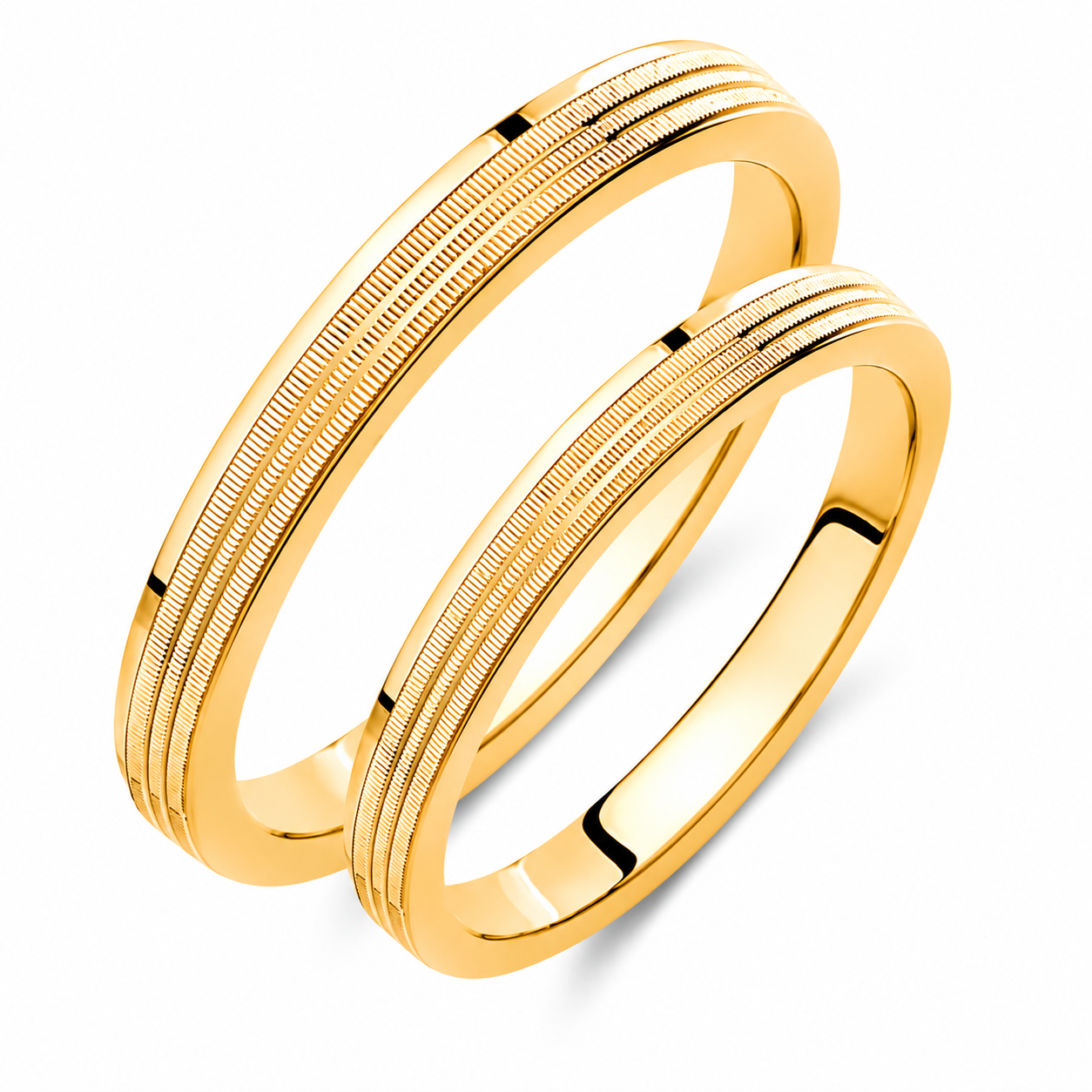 Minimalist Ribbed Wedding Band Set: 9K/14K/18K Gold Matching Rings