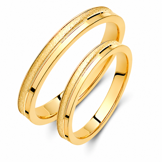 Gold Wedding Bands Set – Matching His-Hers Rings with Brushed & Glossy Finish
