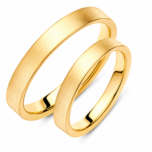 Brushed Gold Wedding Band Set: Matching 3mm Solid Gold Rings, Engravable