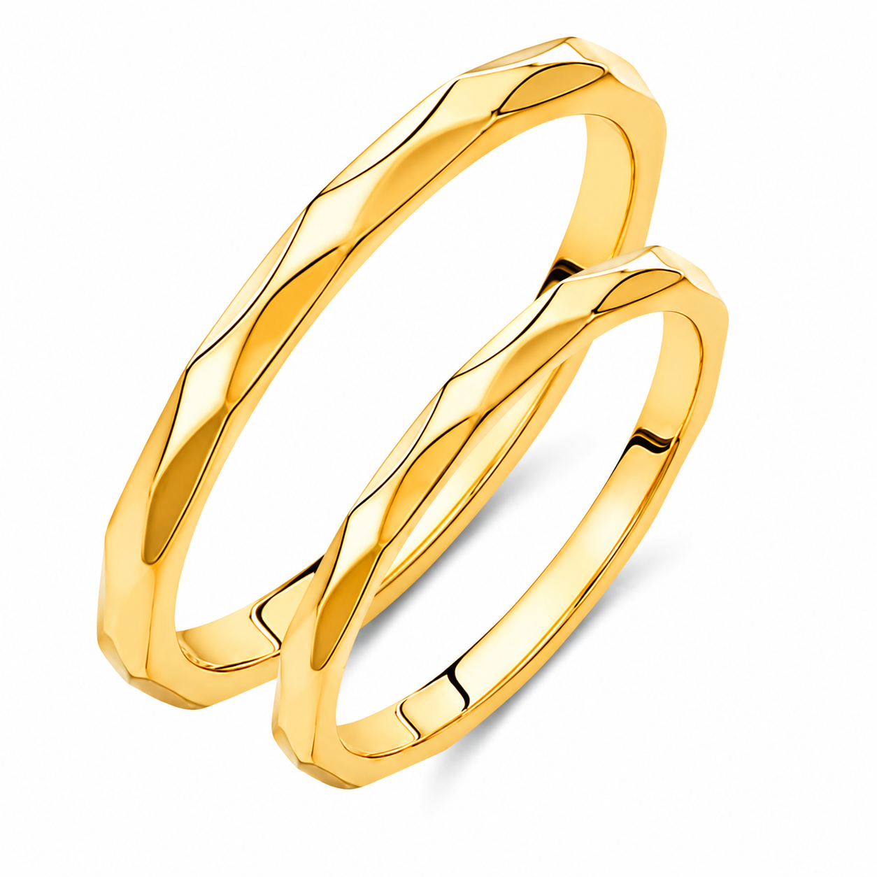 Slim 18K Gold Wedding Band Set: Faceted Matching Promise Rings
