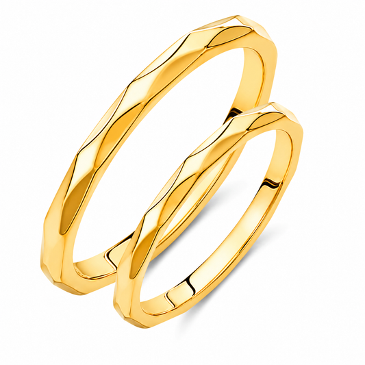 Slim 18K Gold Wedding Band Set: Faceted Matching Promise Rings