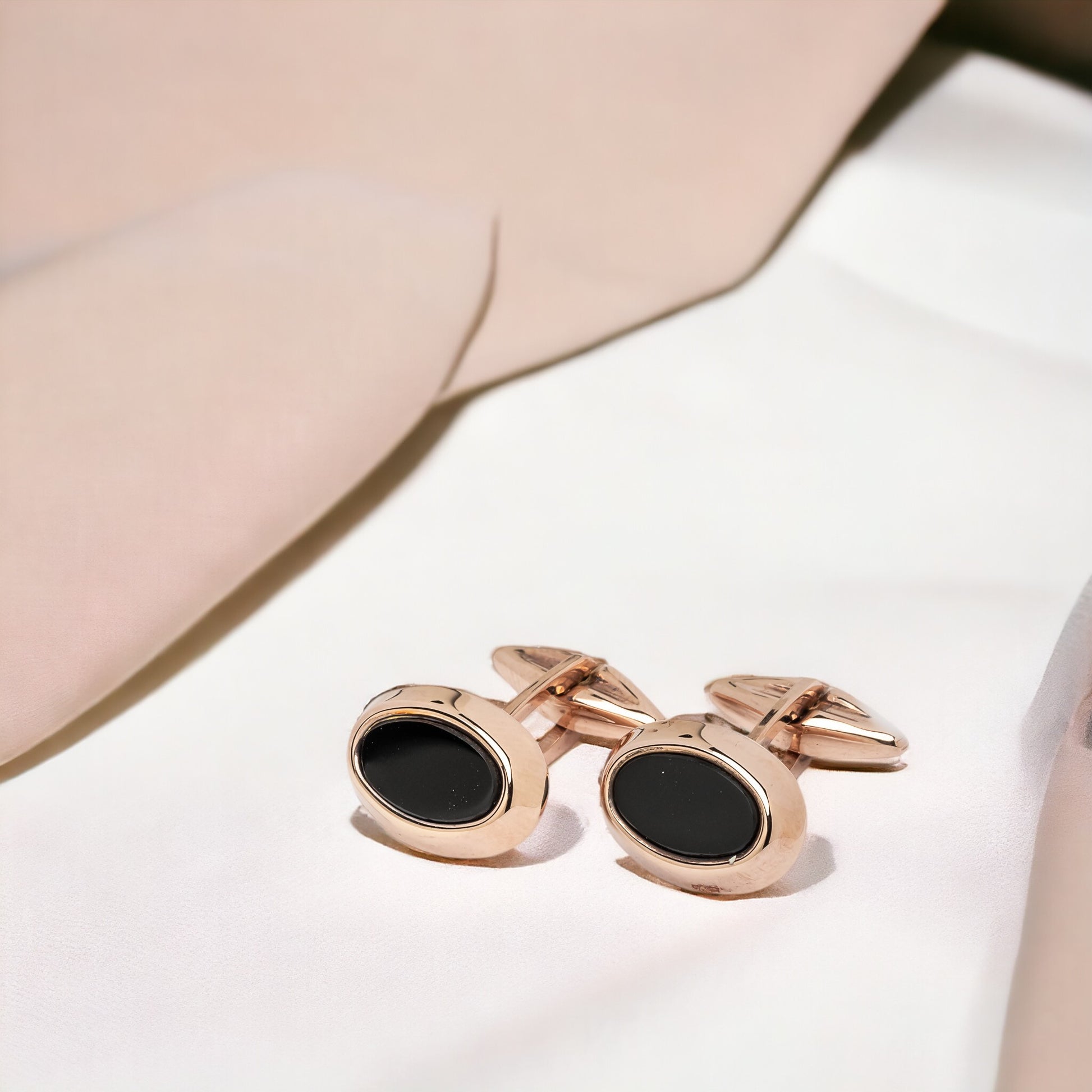 Oval Onyx Cufflinks in Solid 14K Rose Gold