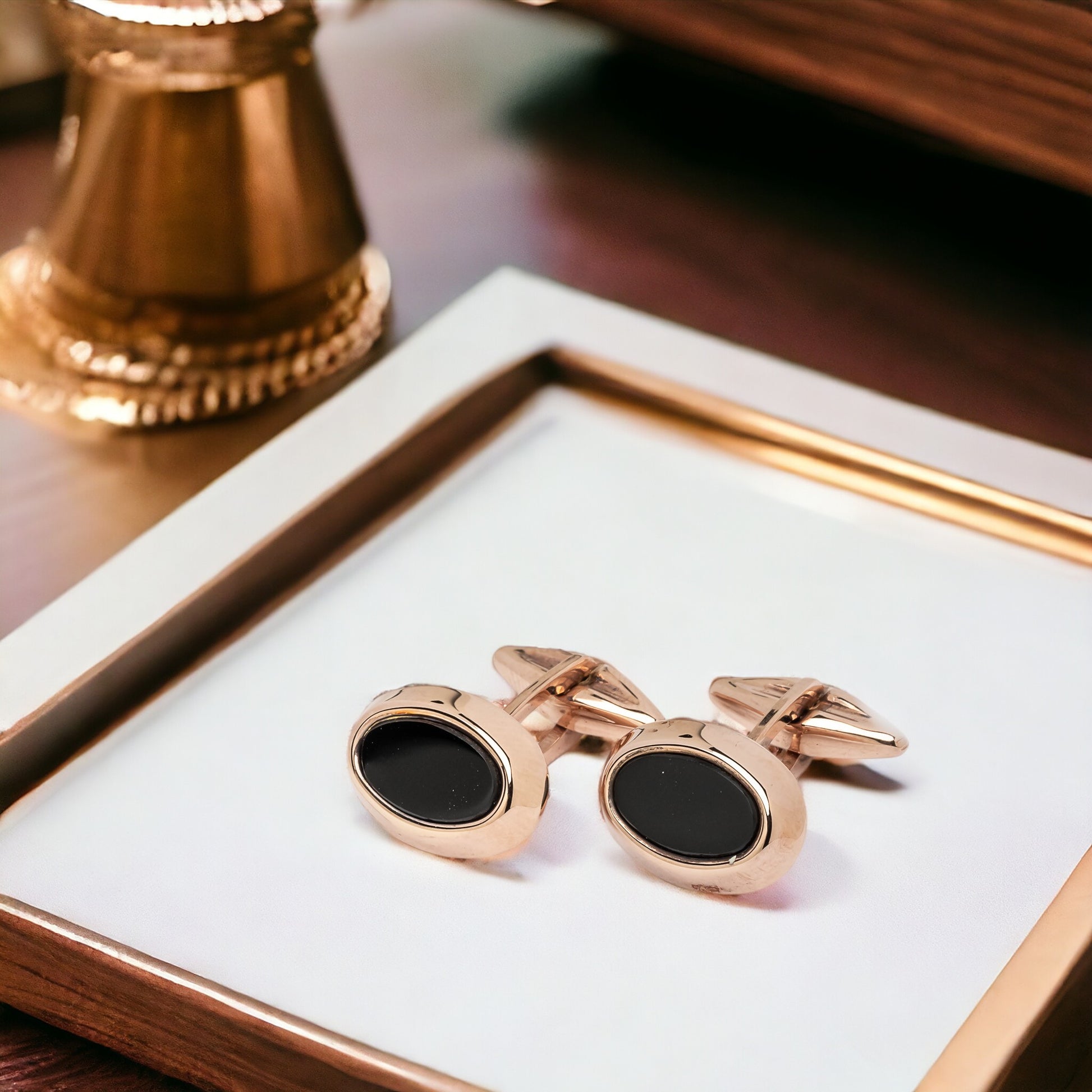 Oval Onyx Cufflinks in Solid 14K Rose Gold