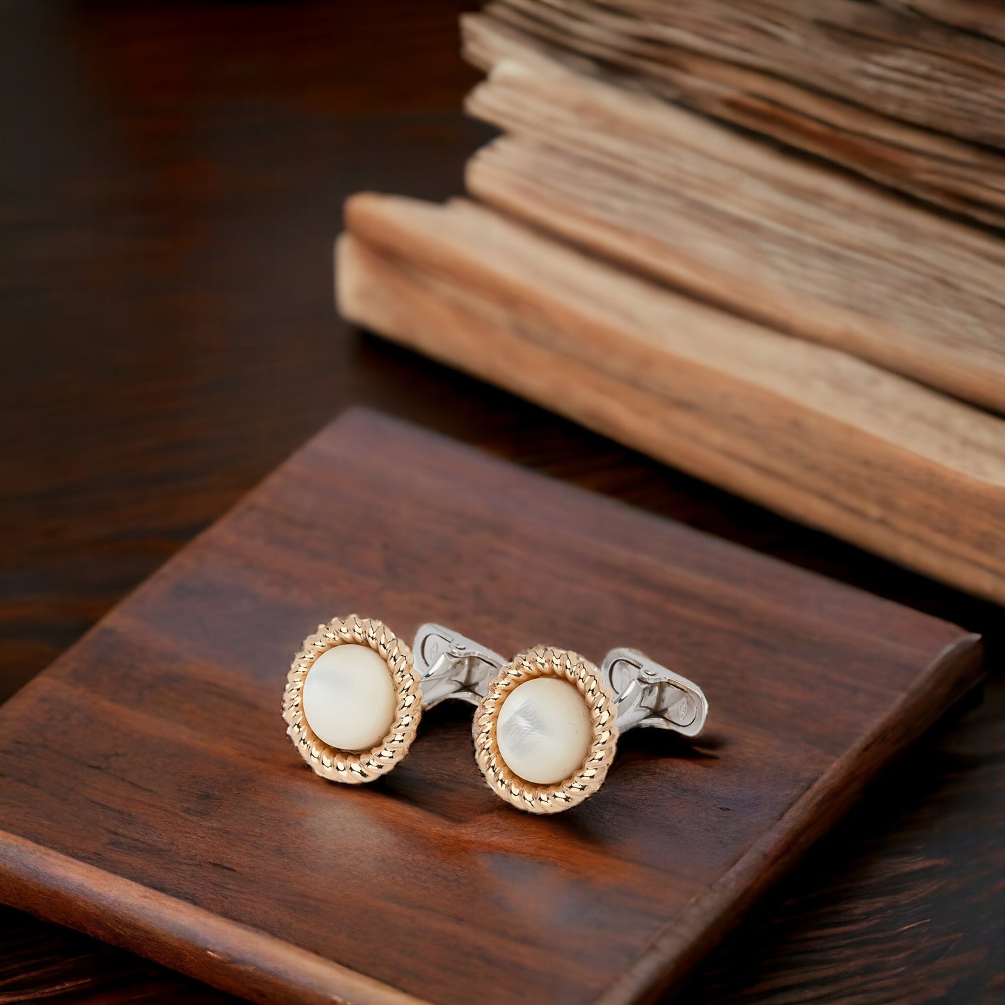 Mother of Pearl cufflinks crafted in 14K yellow and white gold.