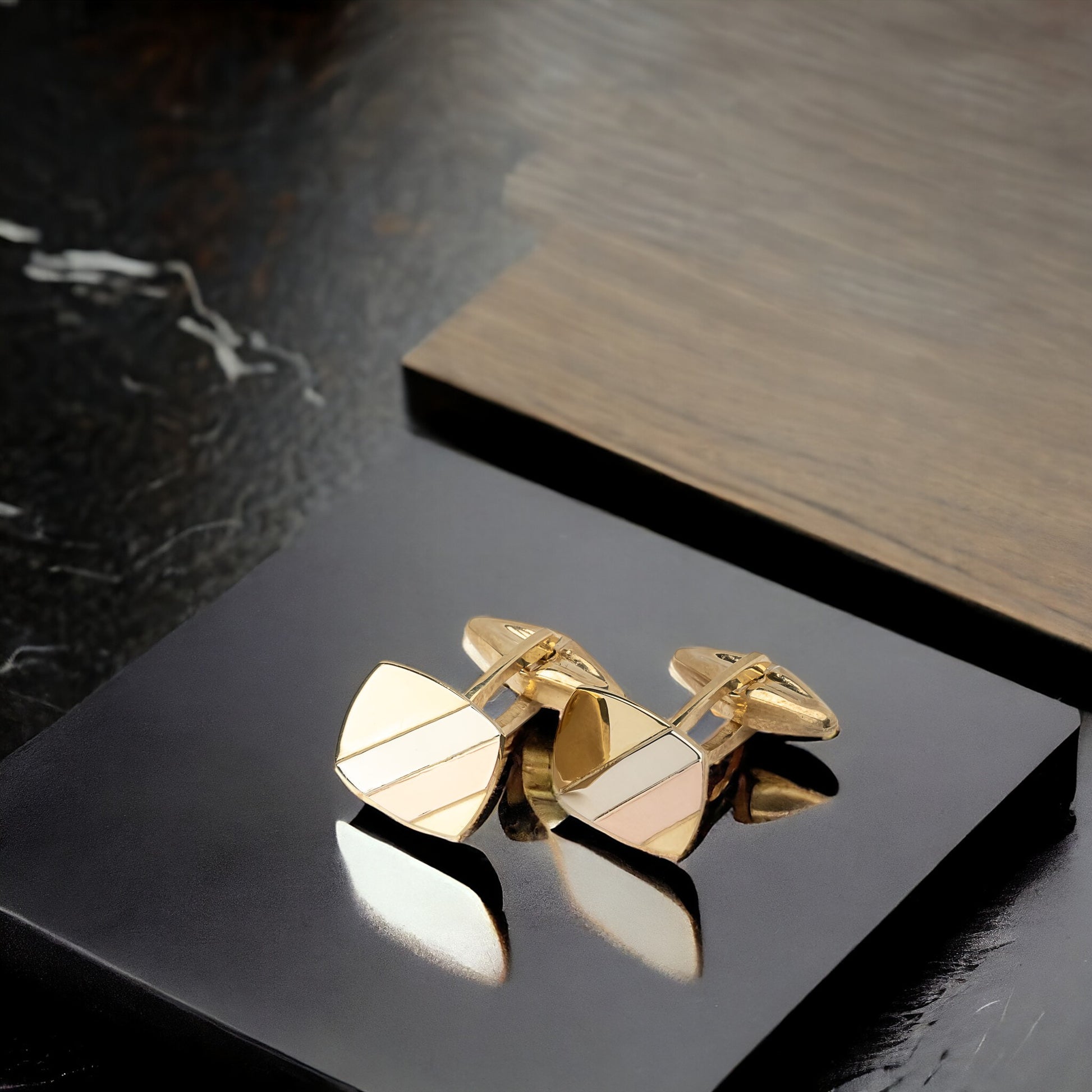 Tri-Tone Cufflinks crafted from 14K solid gold, featuring a square design.