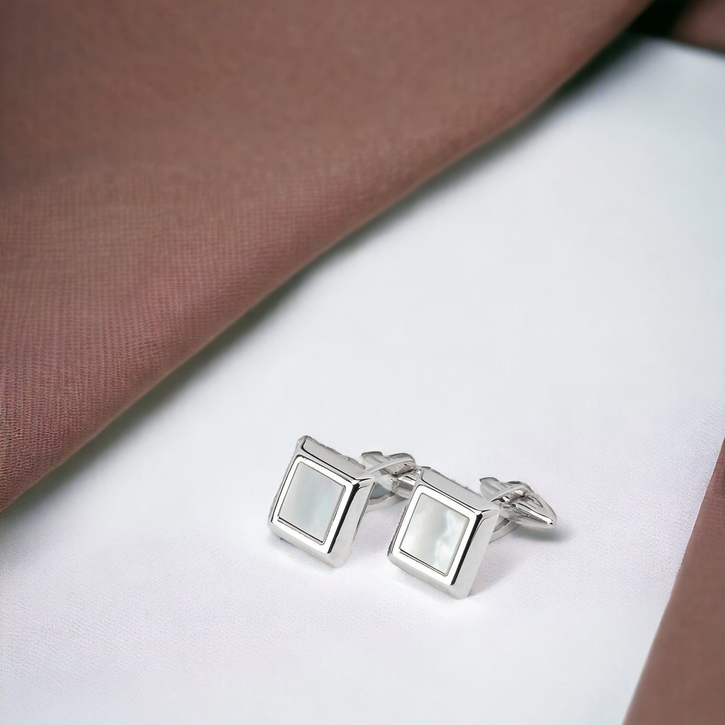 Square Mother of Pearl Cufflinks in Solid 14K White Gold