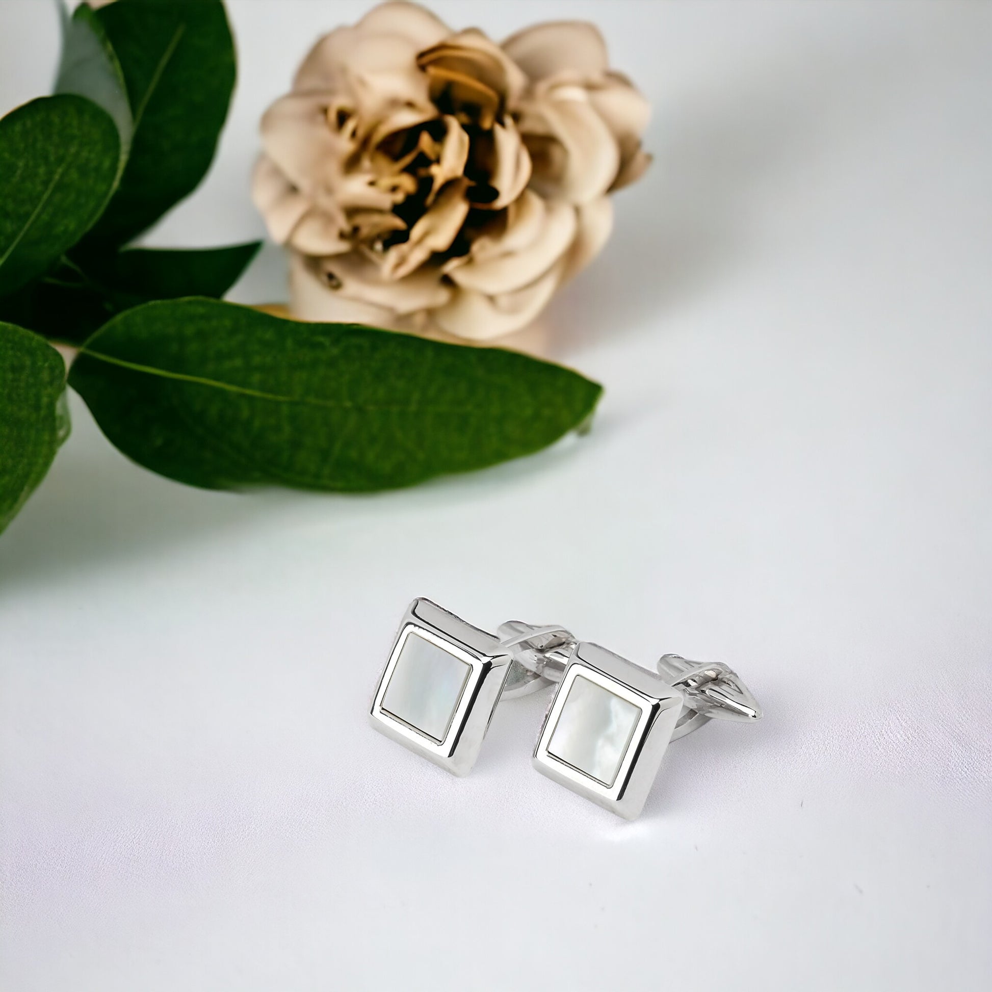 Square Mother of Pearl Cufflinks in Solid 14K White Gold