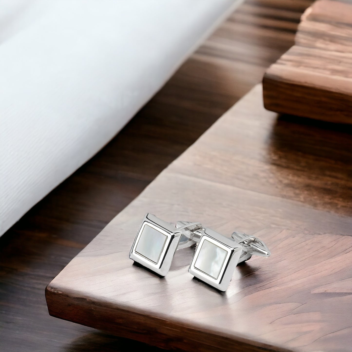 Square Mother of Pearl Cufflinks in Solid 14K White Gold