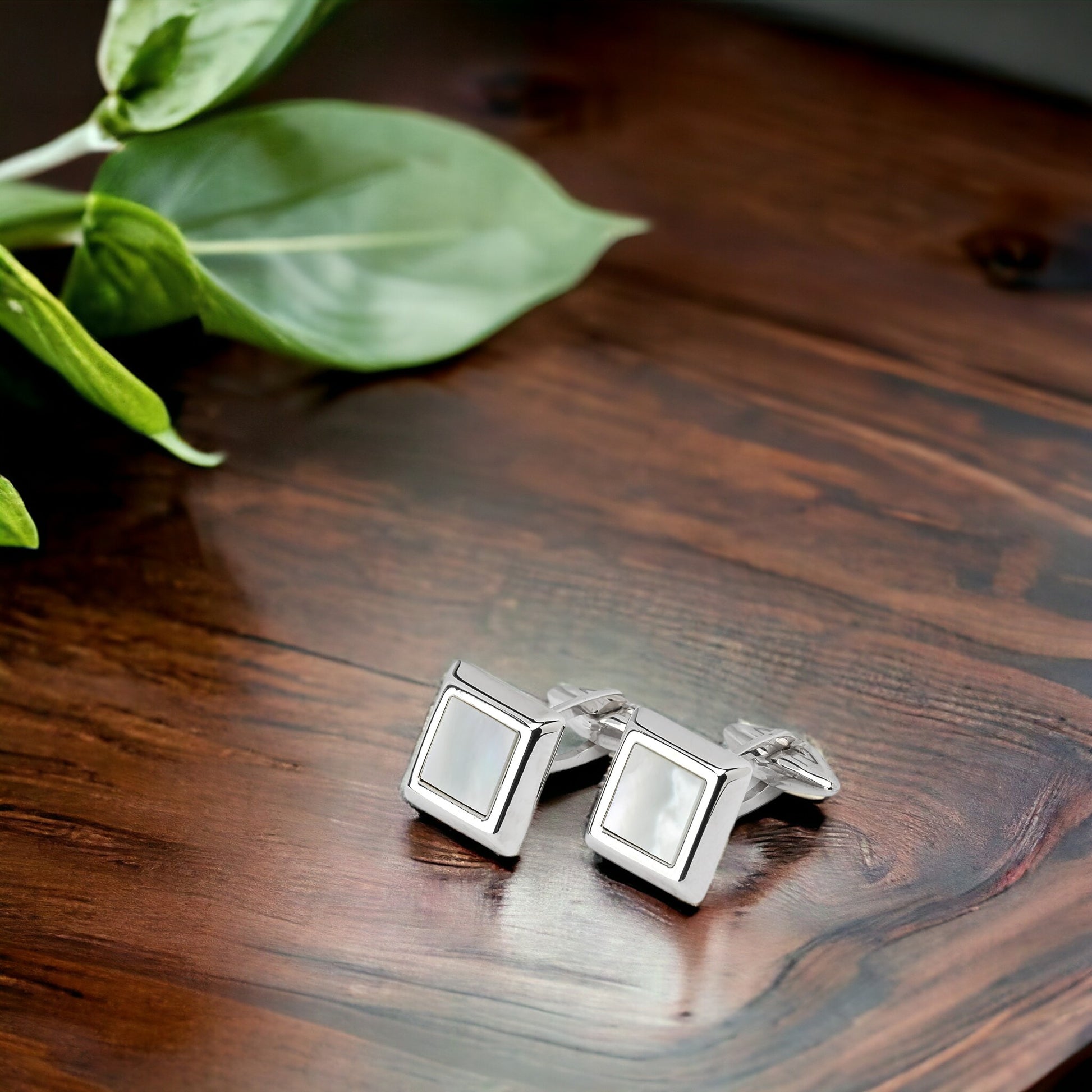 Square Mother of Pearl Cufflinks in Solid 14K White Gold