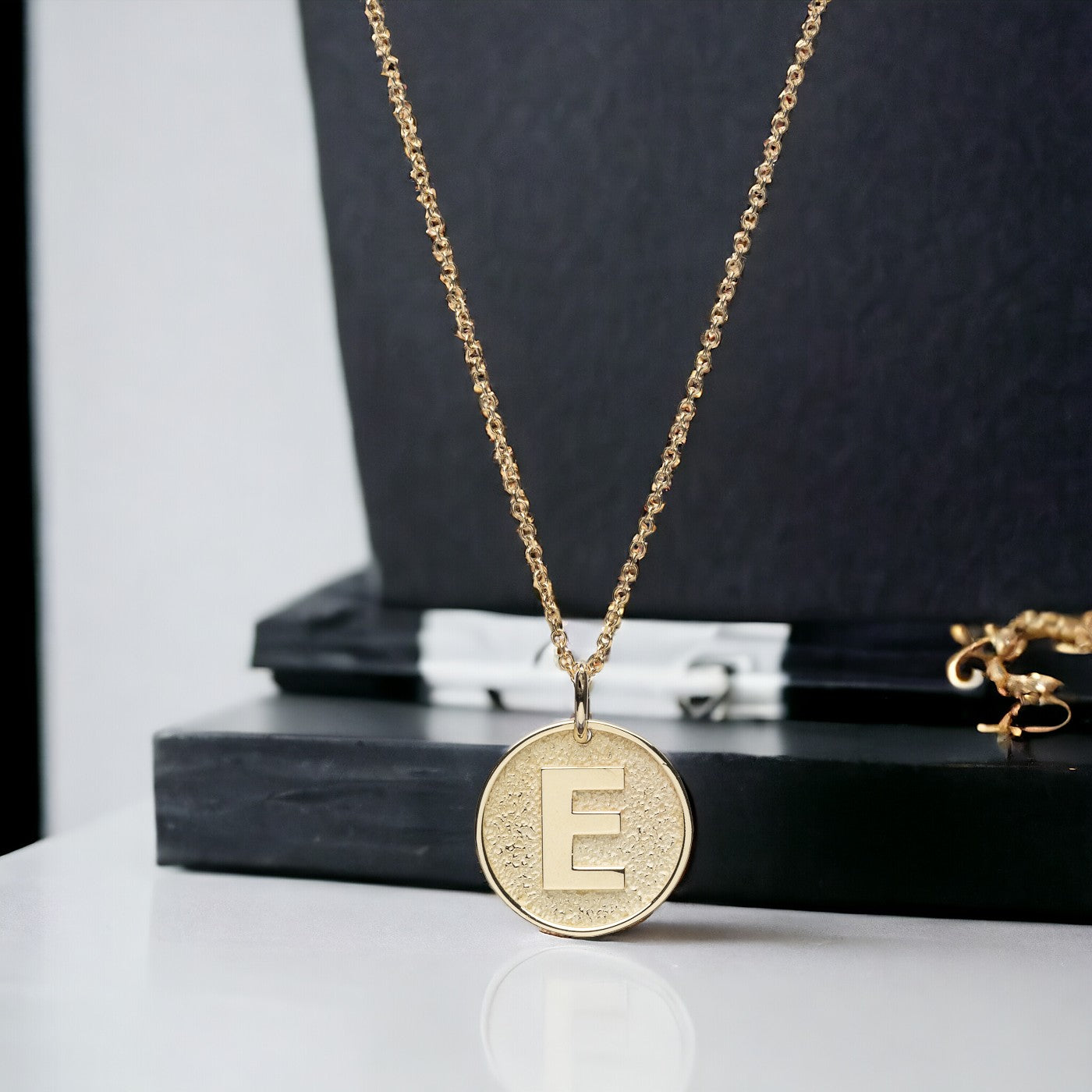 14k Gold Initial Necklace for women, featuring complimentary engraving on the reverse side.