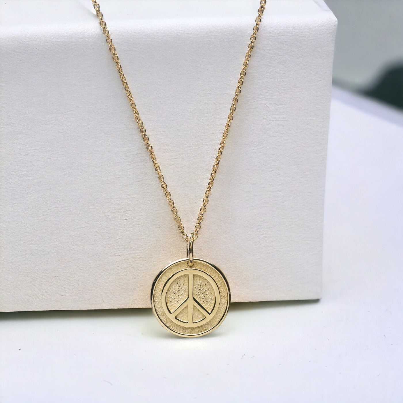 14k Solid Gold Necklace for women, featuring a Peace Symbol with complimentary engraving on the reverse side.