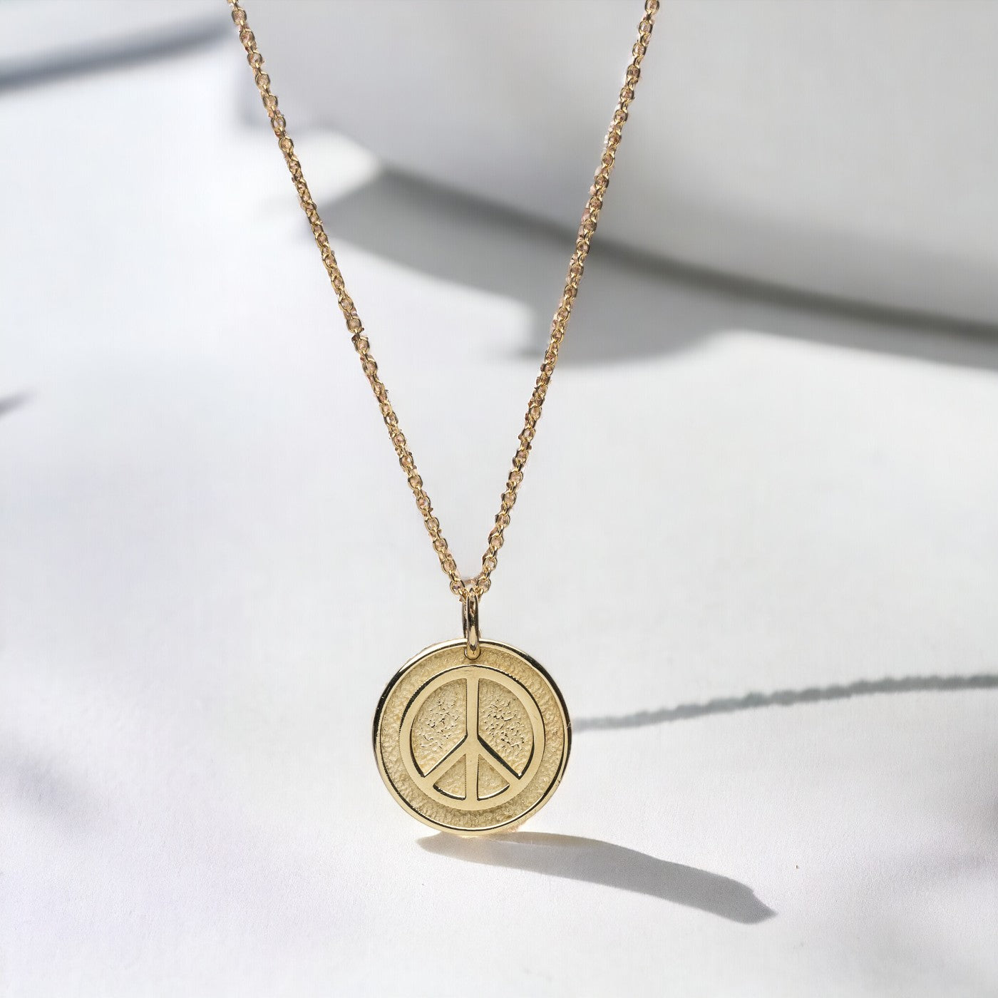 14k Solid Gold Necklace for women, featuring a Peace Symbol with complimentary engraving on the reverse side.