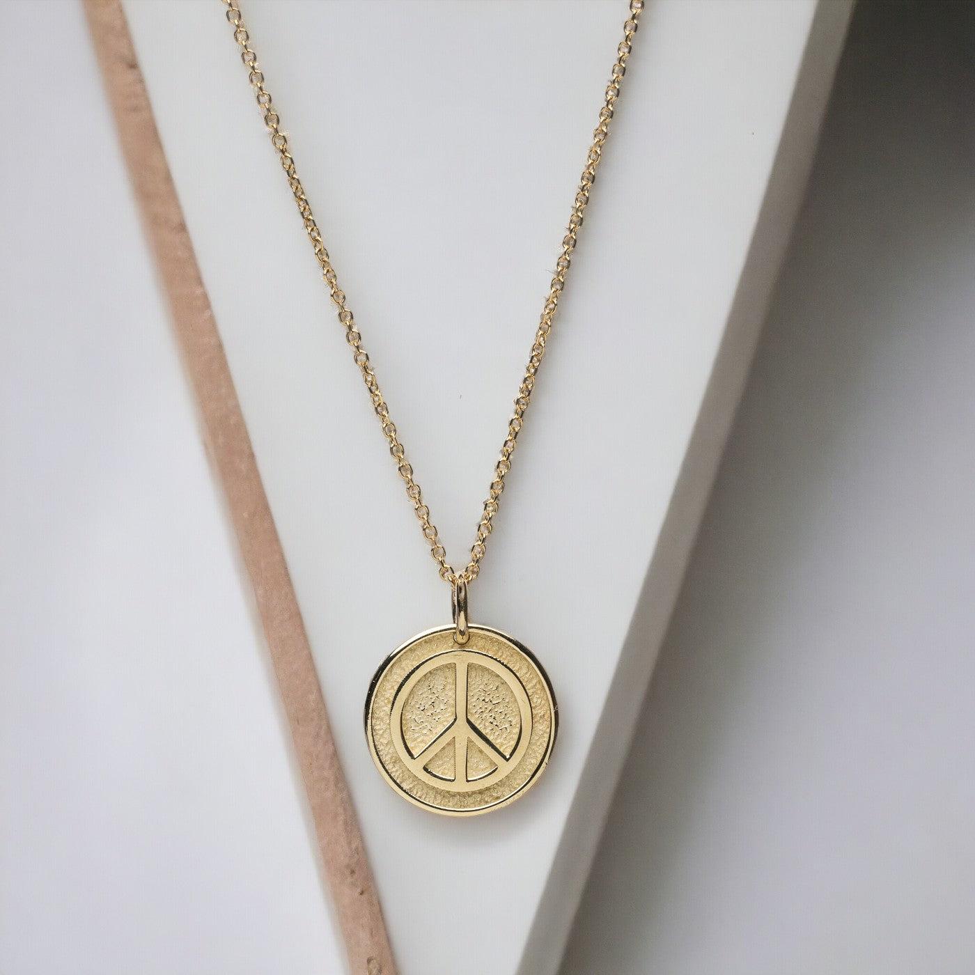 14k Solid Gold Necklace for women, featuring a Peace Symbol with complimentary engraving on the reverse side.