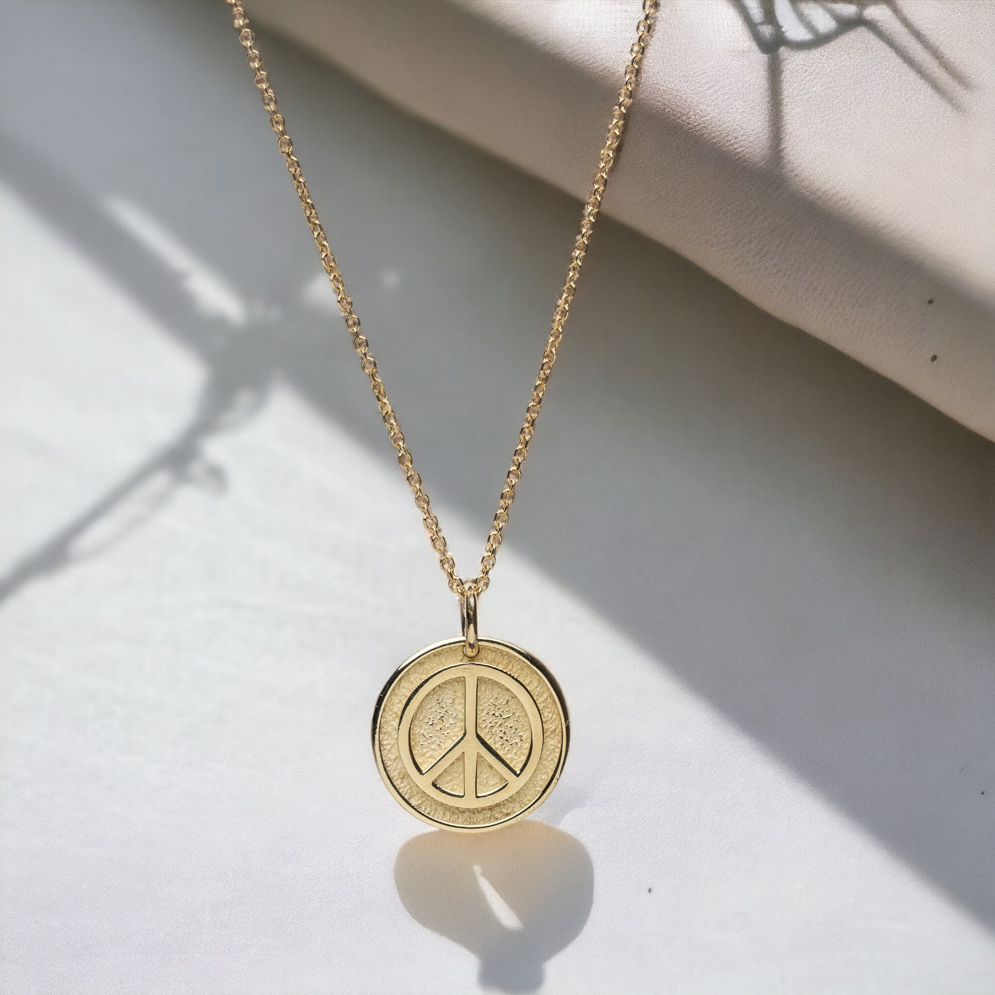 14k Solid Gold Necklace for women, featuring a Peace Symbol with complimentary engraving on the reverse side.