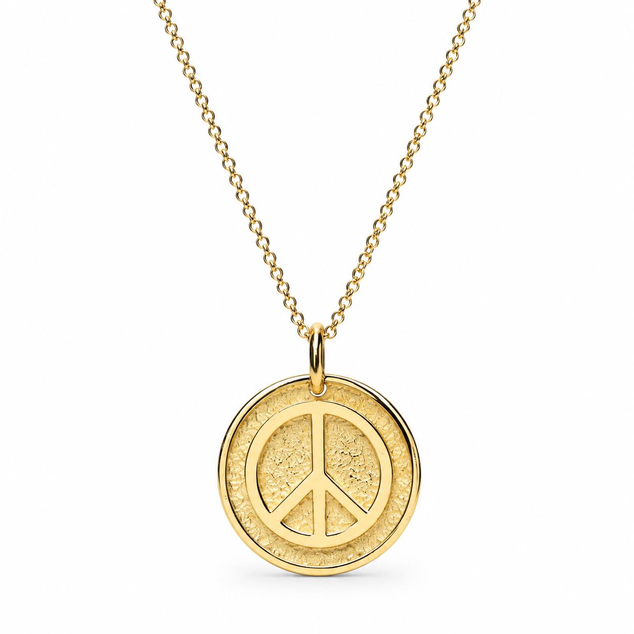 14k Solid Gold Peace Sign Necklace - Engravable Sandblast Pendant