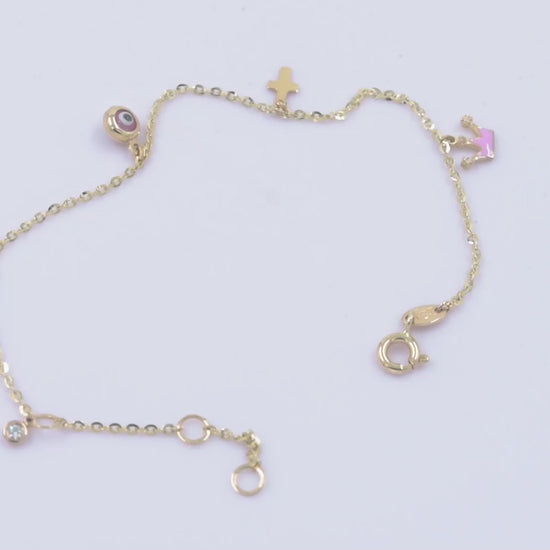 14k gold charm bracelet with evil eye, heart, cross, crown