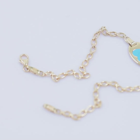 14k gold blue enamel heart bracelet