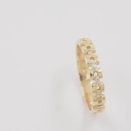 Handcrafted Cuban Link Chain Ring in 14k gold, adorned with white cubic zirconia stones, designed for women.