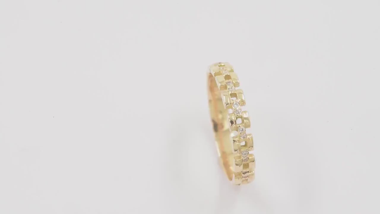 Handcrafted Cuban Link Chain Ring in 14k gold, adorned with white cubic zirconia stones, designed for women.