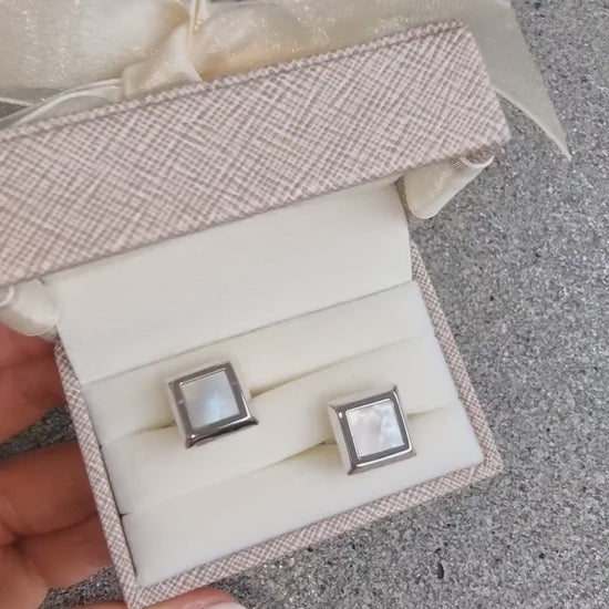 Square Mother of Pearl Cufflinks in Solid 14K White Gold