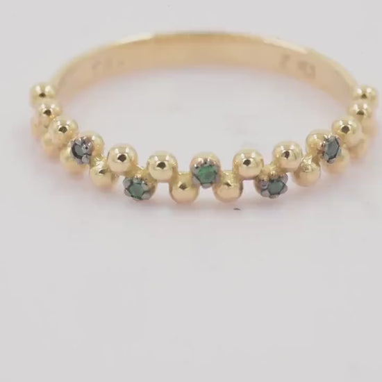 Handmade 14k Solid Gold Bold Bead Ring with Green Stones