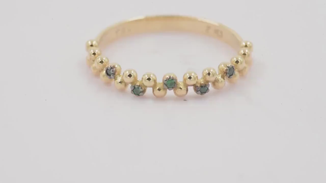 Handmade 14k Solid Gold Bold Bead Ring with Green Stones