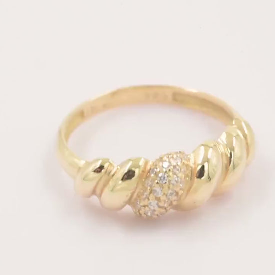 Handmade Croissant Ring in 14k gold, partially paved with white cubic zirconia stones.