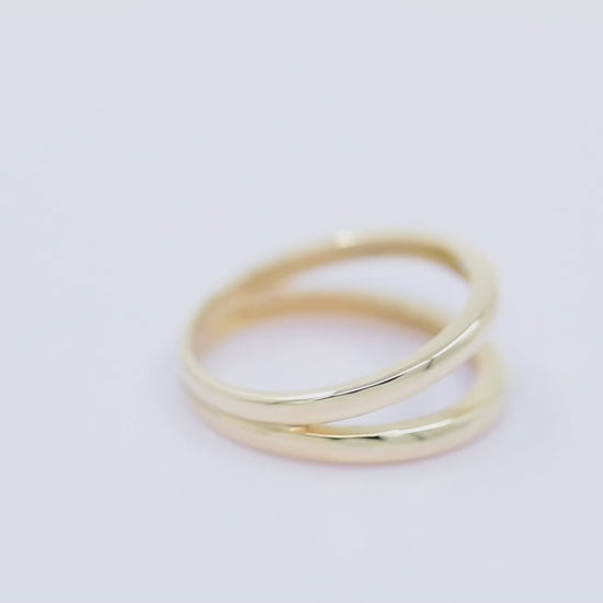 Handcrafted double-row ring for women, made of 14k solid yellow gold.