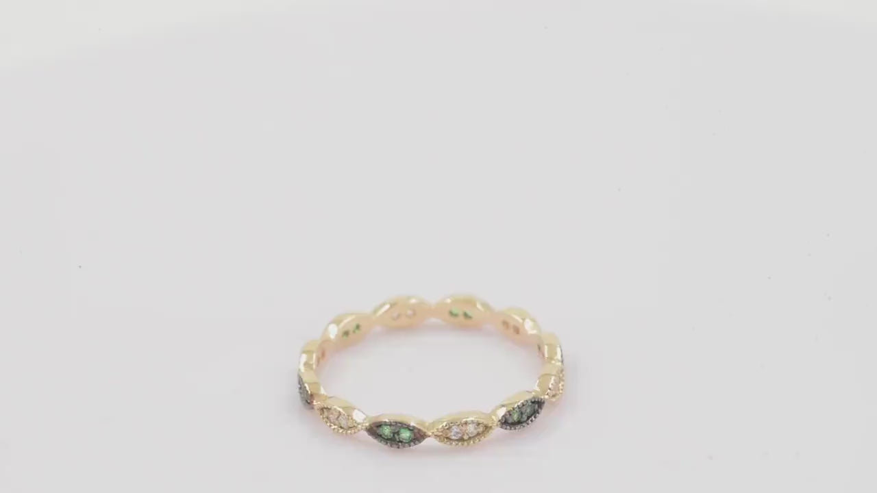 Handmade full eternity ring featuring white and green cubic zirconia stones set in 14k solid gold.