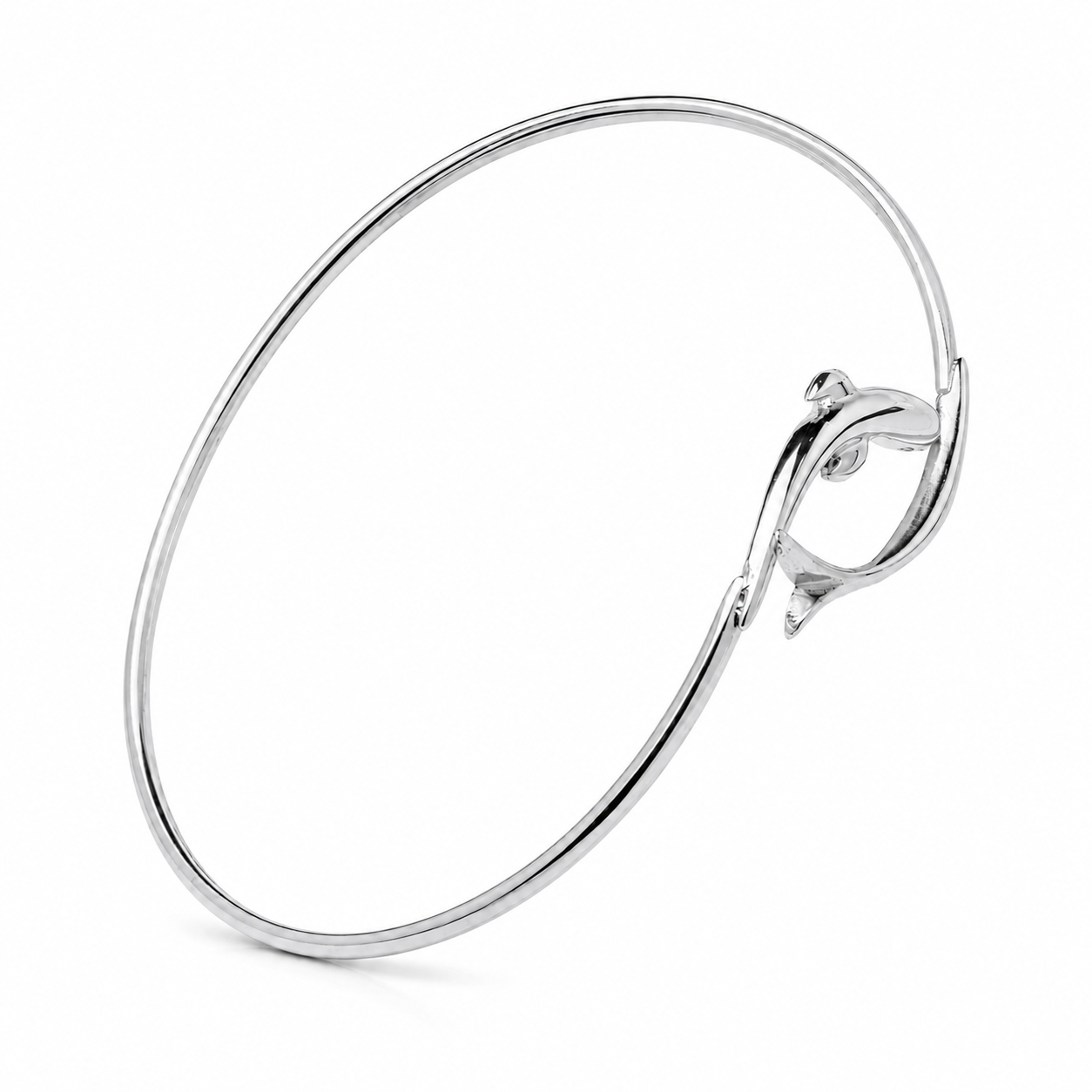 14k white solid gold dolphin bracelet on a white background