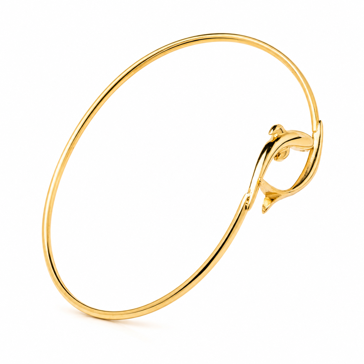 14k solid gold dolphin bracelet on a white background