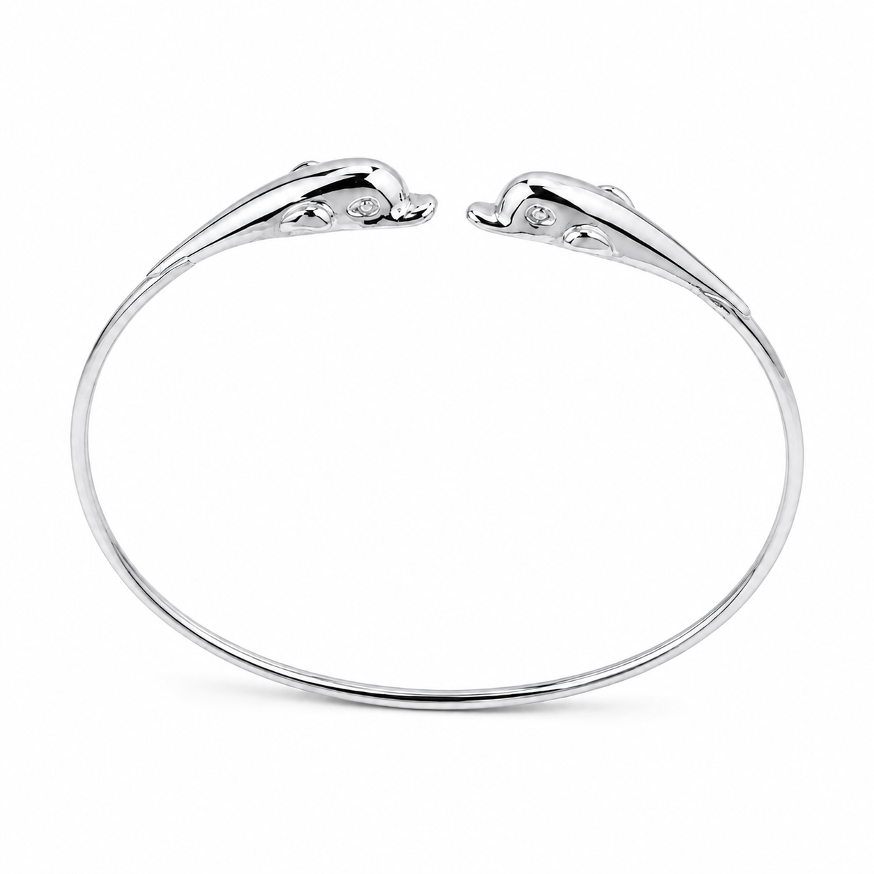 14k gold dolphin bangle bracelet in a white backgound 