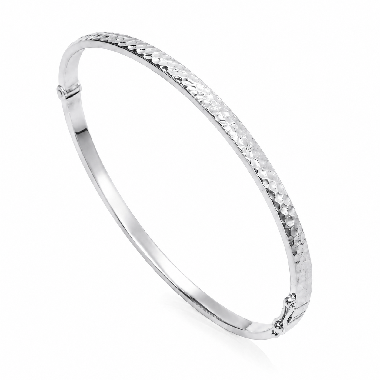 14k white gold hammered bangle bracelet in a white background
