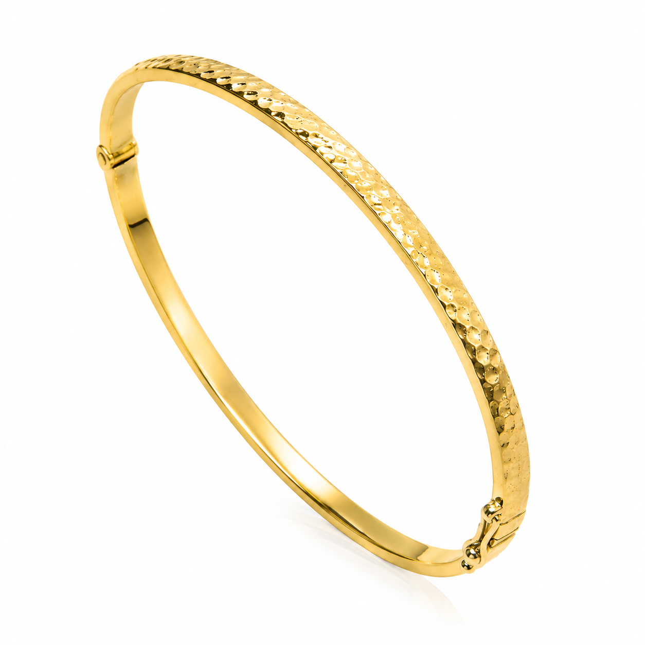 14k gold hammered bangle bracelet in a white background