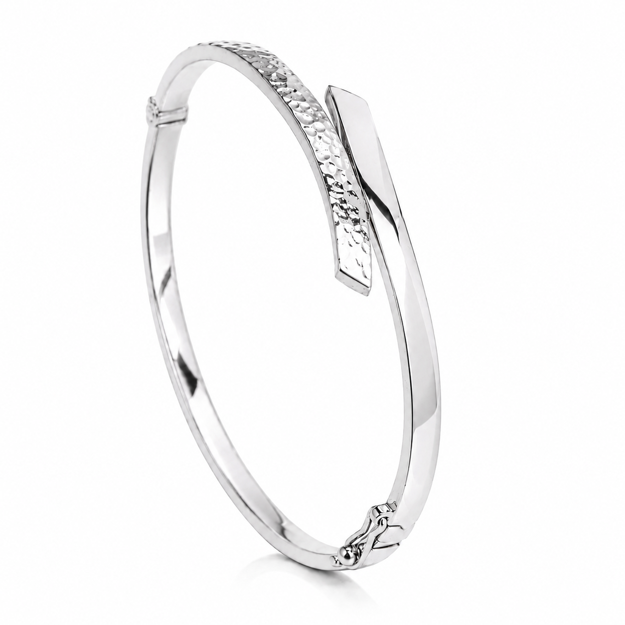 A 14k white gold bypass bangle bracelet with a dual-finished top face, smooth and polished, displayed on a white surface.