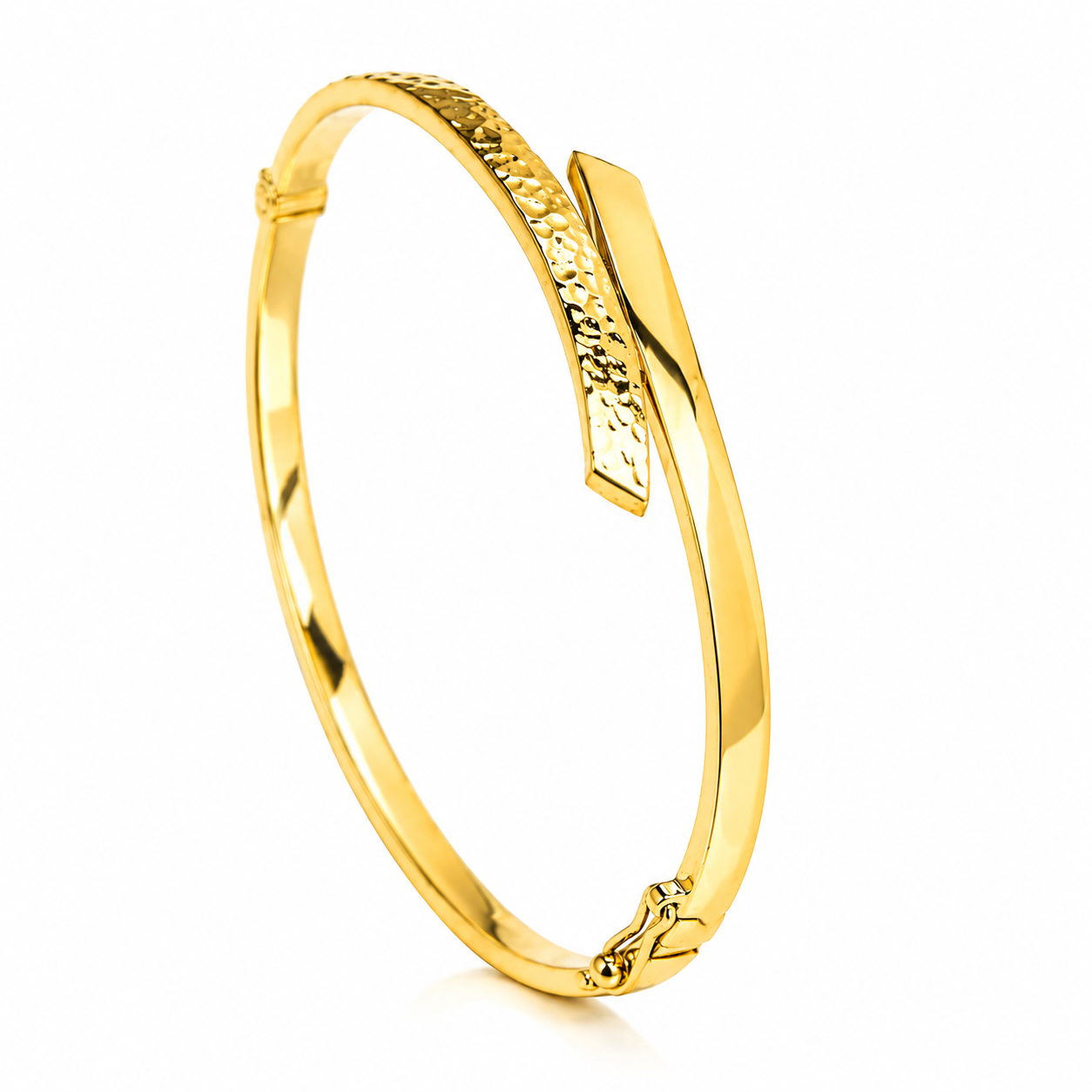 A 14k yellow gold bypass bangle bracelet with a dual-finished top face, smooth and polished, displayed on a white surface.