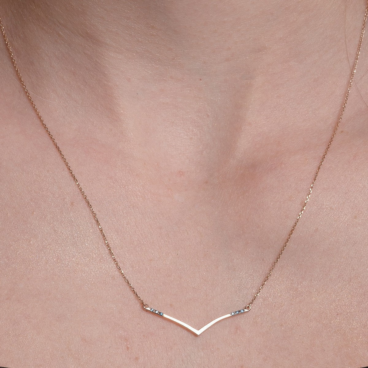 Chevron Necklace in 14K Gold with Blue Cubic Zirconia Stones