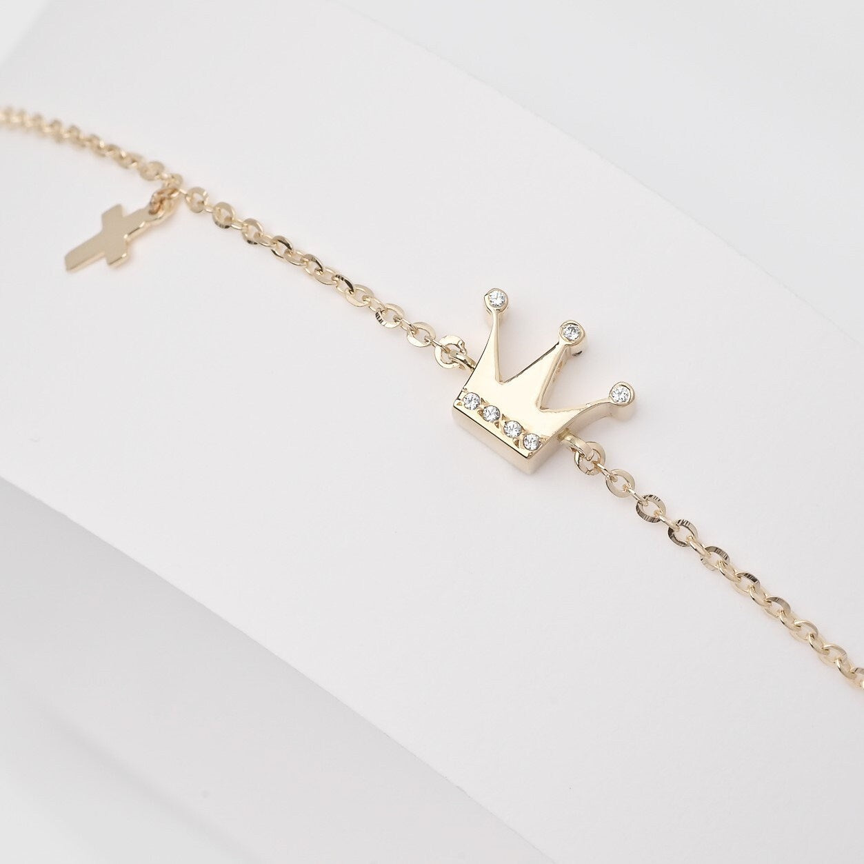 Crown and Cross Charm Bracelet in 14k Gold for Women