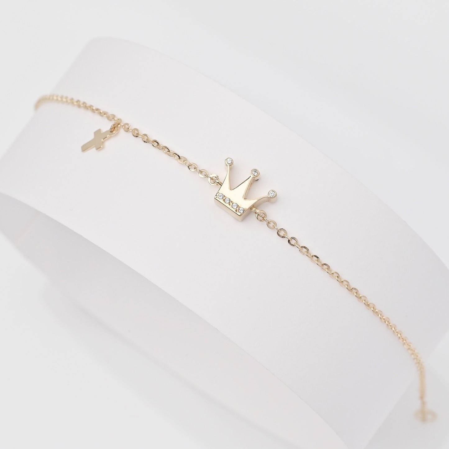 Crown and Cross Charm Bracelet in 14k Gold for Women