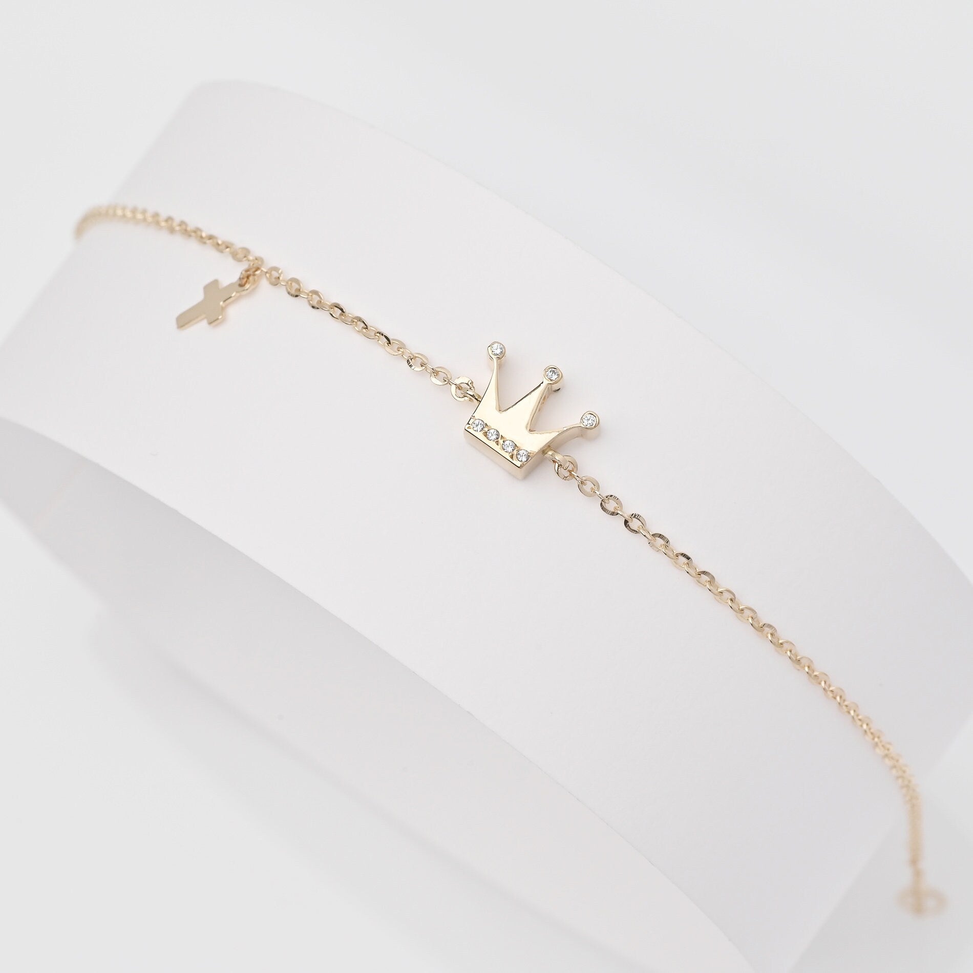 Crown and Cross Charm Bracelet in 14k Gold for Women