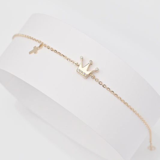 Crown and Cross Charm Bracelet in 14k Gold for Women