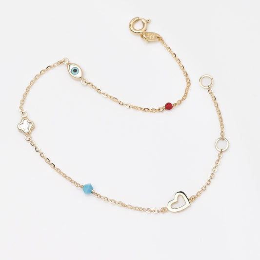 14k gold charm bracelet with afour leaf clover,heart,evil eye, turquoise and tourmaline stone