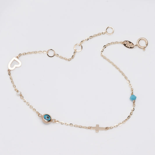 evil eye bracelet with cross, heart, pearl, turqoise stone in 14k solid gold
