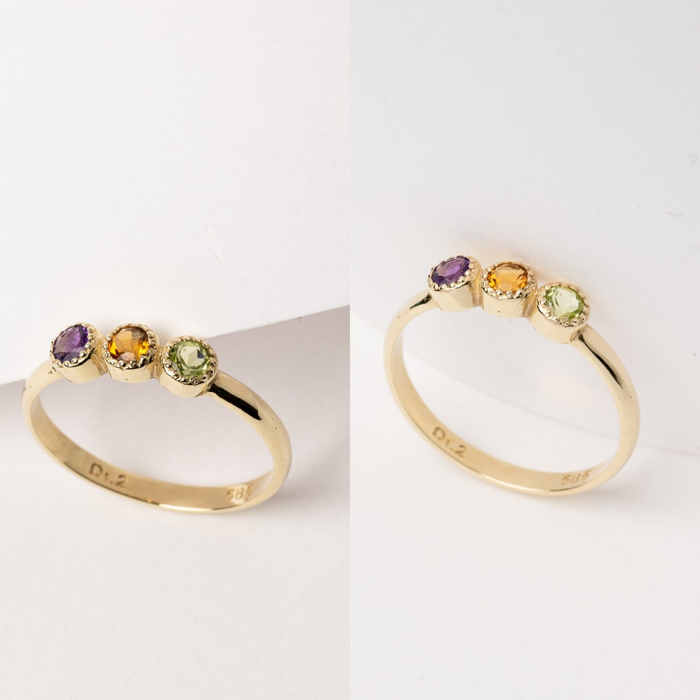 A handmade ring featuring three birthstones set in 14k solid gold with a prong setting.