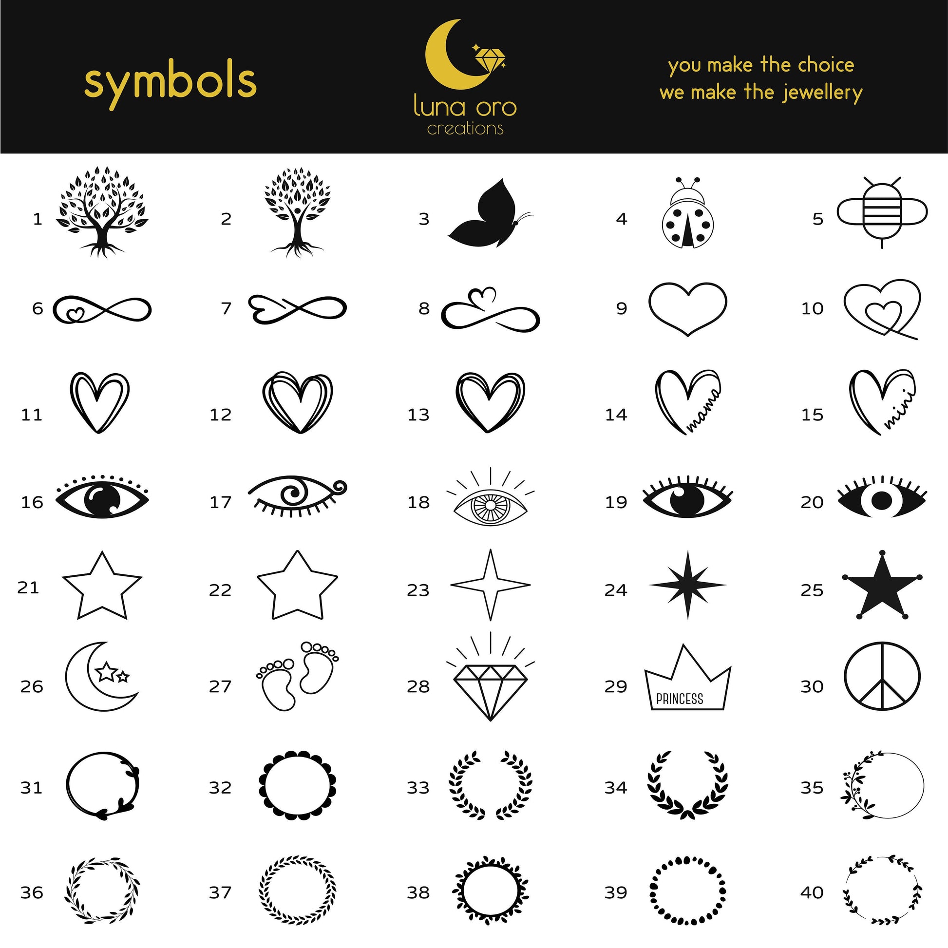 Luna Oro Creations variety of symbols for engraving on jewelry