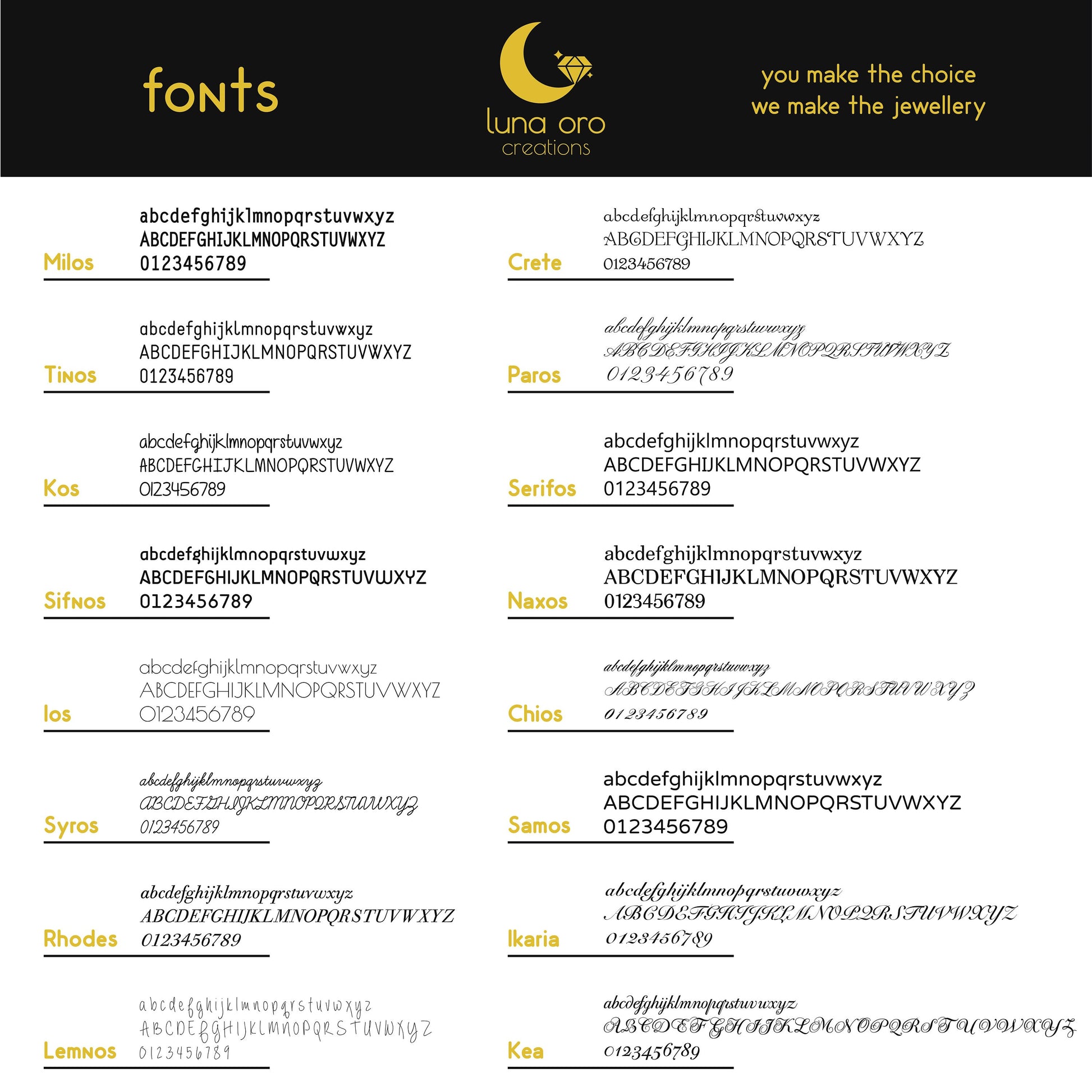 A list of fonts suitable for engravings by Luna Oro Creations.