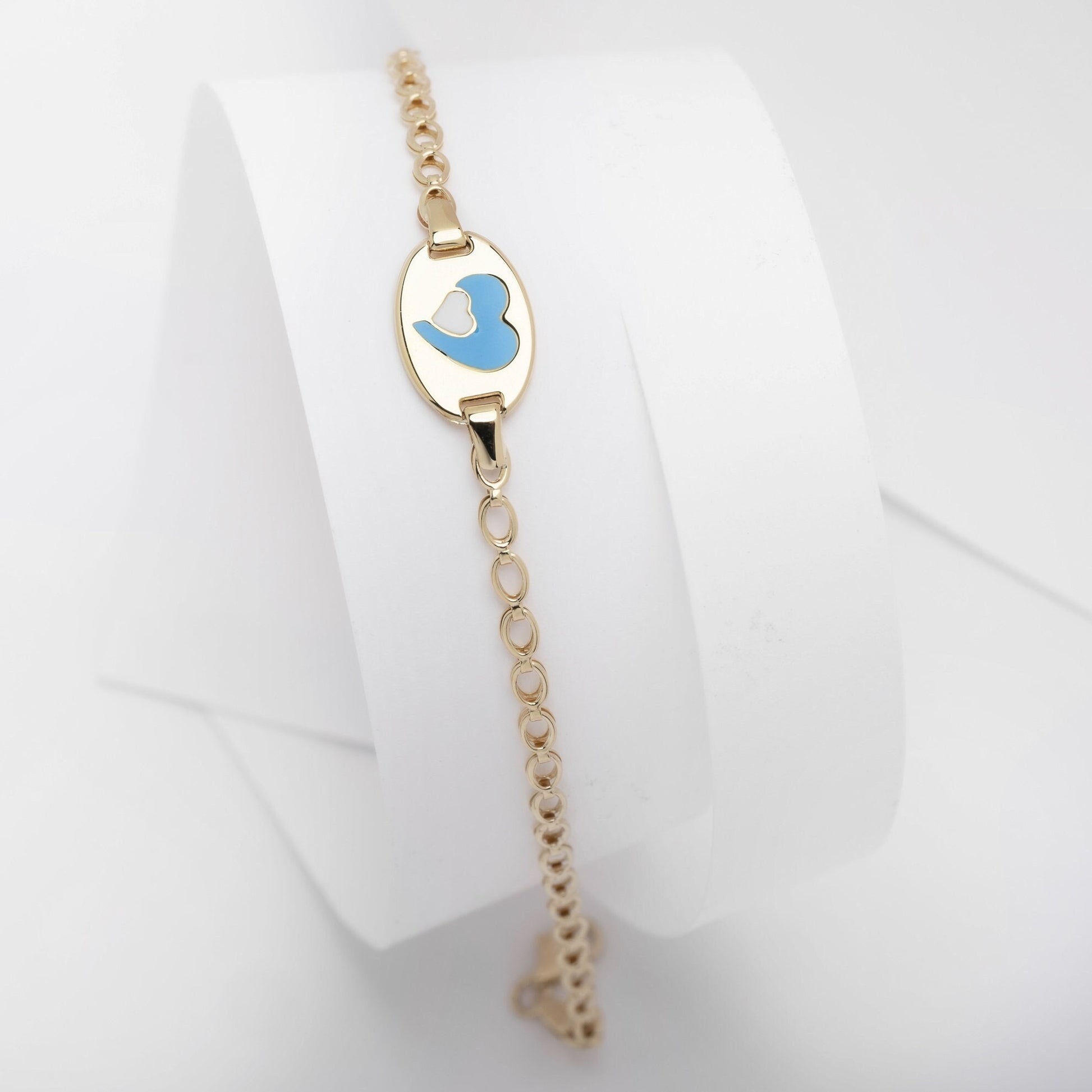 14k gold blue enamel heart bracelet