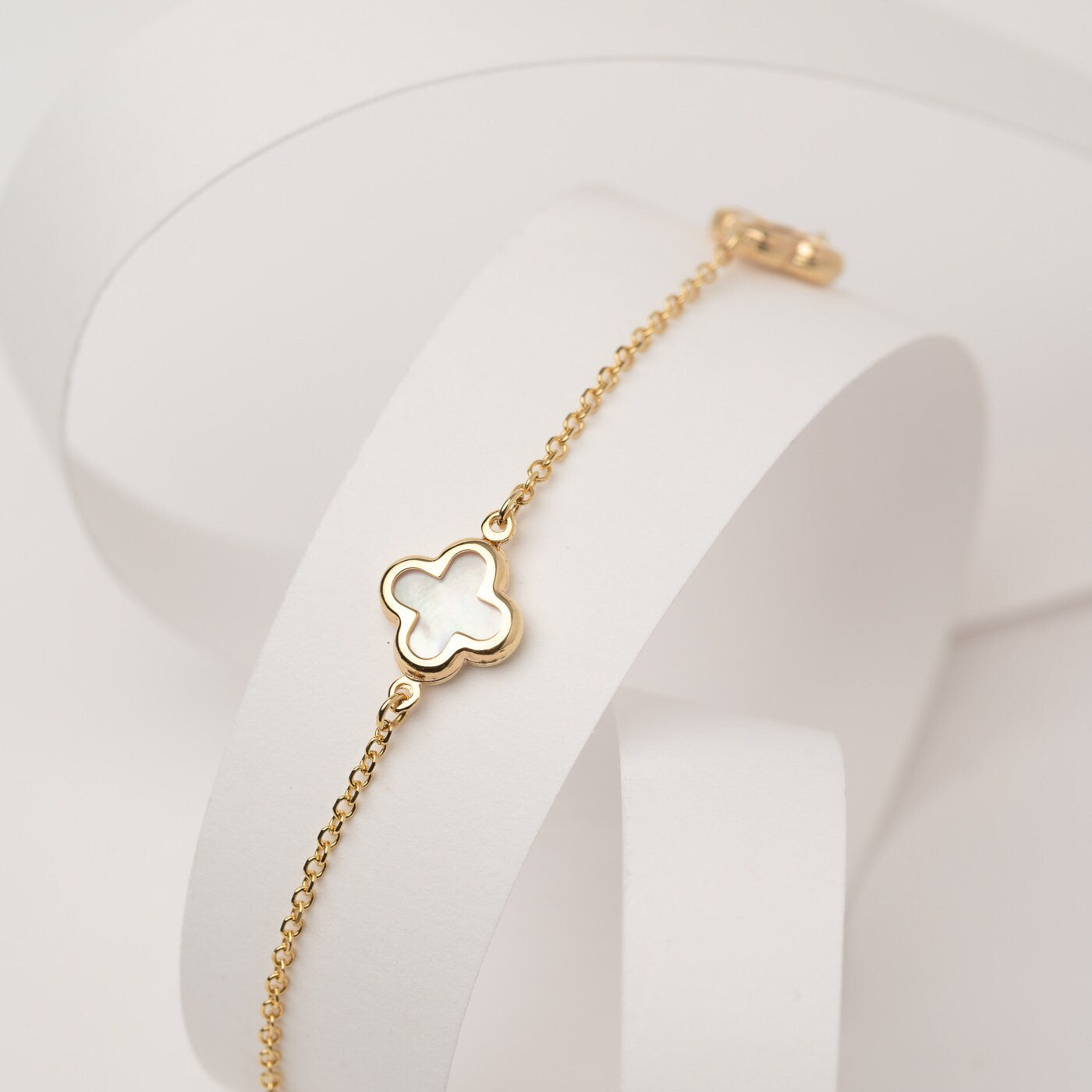 four leaf clover bracelet with 3 charms in 14k gold