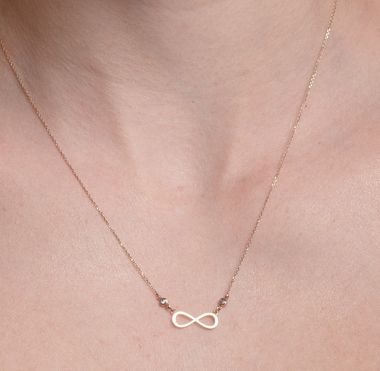 Rose Gold Infinity Necklace with Two Cubic Zirconia Stones